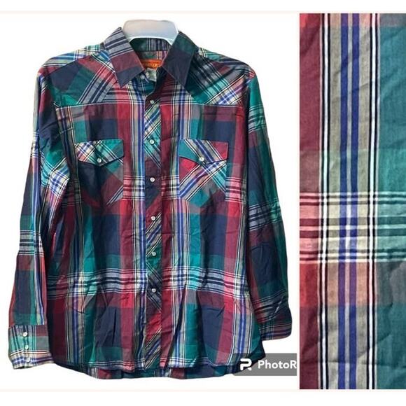 Vintage Rustler by Wrangler Western Shirt Mens L Pearl Snap Extra Long Tail - Picture 1 of 9